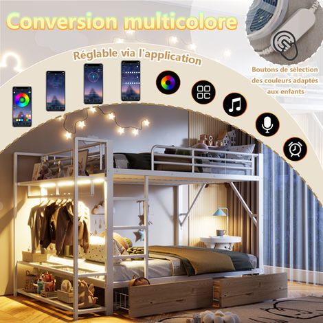 Lit superposé blanc 140x200, cadre en acier robuste, 2 tiroirs intégrés, rangements multiples avec étagères, lumière LED, armoire suspendue, sans matelas (1/5)