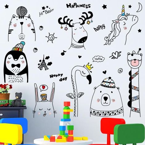Stickers muraux animaux de dessin animé, décoration de chambre, papier peint artistique (1/5)