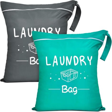 2 grands sacs à linge de voyage – Imperméables, lavables et adaptés aux liquides humides, avec cordon de serrage, verts et gris (1/5)
