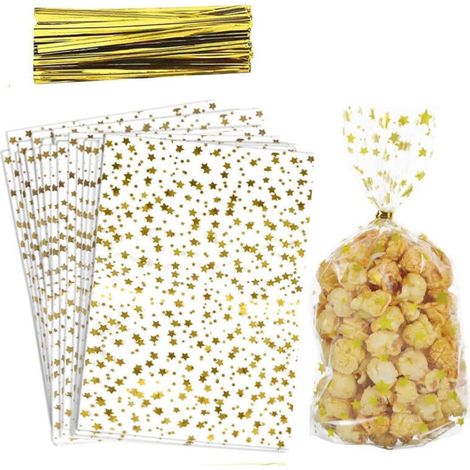 Sachets en cellophane étoiles dorées, 100 sachets pour biscuits avec attaches métalliques pour cadeaux (1/4)