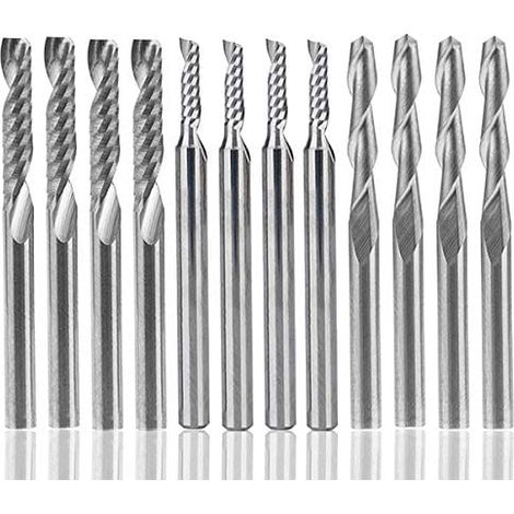 12 pezzi di frese in carburo di tungsteno, 4 pezzi da 1/8" per frese CNC a doppio tagliente + 8 pezzi di frese a tagliente singolo (2 tipi) (1/4)