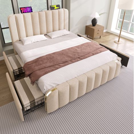 FLORAGRACE Lit adulte rembourré 140 x 190 cm, beige en tissu avec bandes, USB Type-C, 4 tiroirs (1/5)