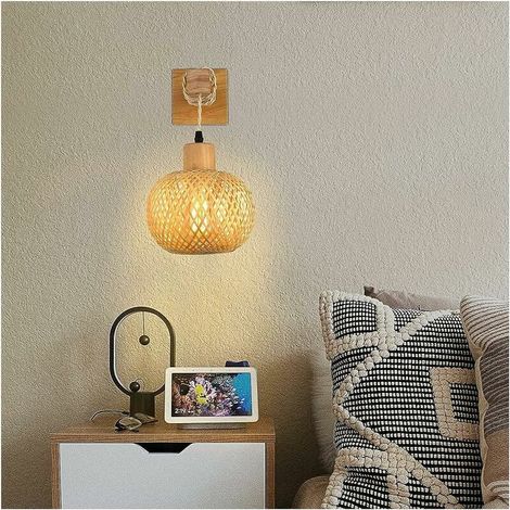 Rattan Wall Lamp Illumination - Rattan Lamp in Bedroom, Rustic Farmhouse Wall Lamp, Indoor Wall Lamp, Vintage Bohemian Wall Lamp Living Room Wall Lamp (Bulb) (1/5)