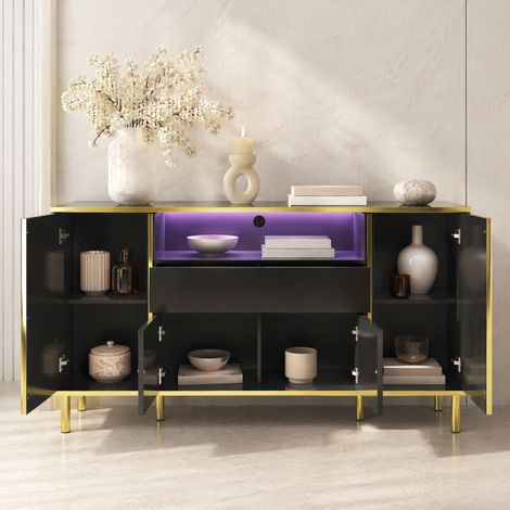 Aparador negro brillante 150 x 40 x 80 cm con LED, 4 puertas, 1 cajón y 1 nicho abierto HAVRYA (1/5)