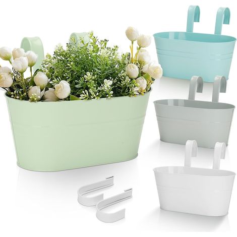 Macetas colgantes de metal de 27 cm, juego de 4, macetas grandes de metal para interiores/exteriores, balcones/vallas, con ganchos extraíbles, color blanco. (1/4)