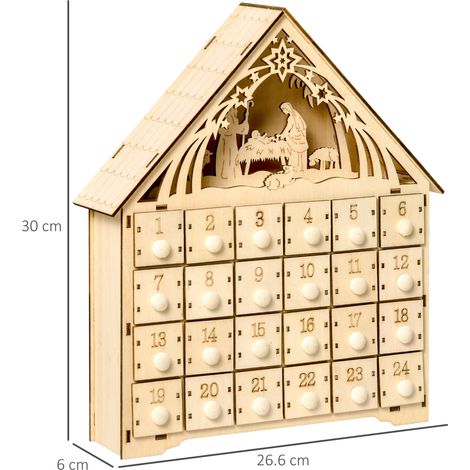 Calendrier de l'Avent en bois (24 cases), crèche sculptée et décorations de Noël illuminées, 26,6 x 6 x 30 cm (1/5)