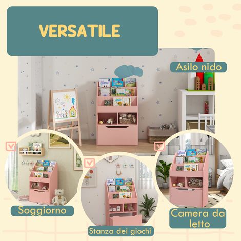 Petite étagère bibliothèque enfant rose en MDF, 60x29,9x90cm, avec tiroir et tablettes de rangement