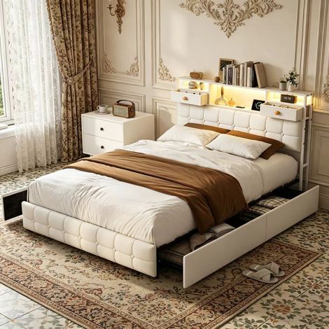 Lit double 140×200cm avec lumière LED, lit coffre avec ports USB et Type-C, lit capitonné avec quatre tiroirs, rangement dans la tête de lit, Sommier à lattes, lit adulte, lit ados, Velours, Beige