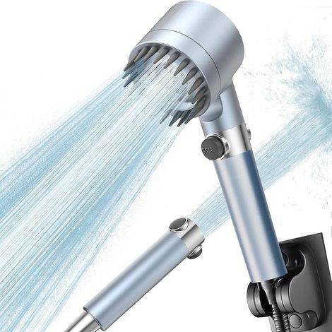 Pommeau Douche Anti Calcaire Haute Pression, Pommeau de douche avec Filtre Economie Deau, 3+1 Types de Jets Douchette Douche Salle de Bain avec Bouton D'arrêt D'eau,avec Tuyau1.5M et Support,Blue (1/5)