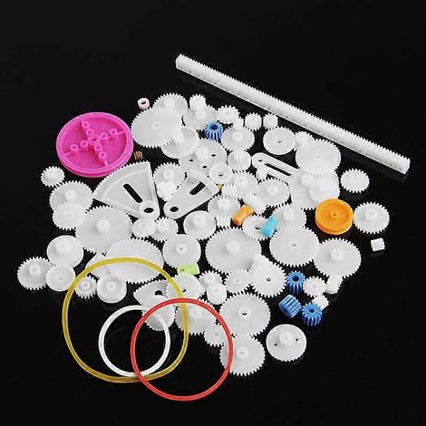 jeu de 85 pièces d'engrenages en plastique, poulie, support, engrenage à vis sans fin, pignons à dents simples et doubles (1/5)