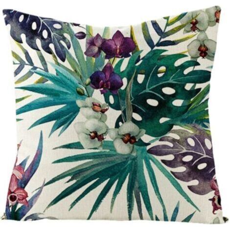 Fodera decorativa in lino con motivo floreale e a foglie, adatta per camera da letto, soggiorno, divano, verde, viola, 45 x 45 cm