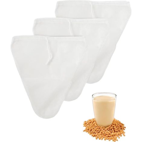 Set mit 3 Nussmilchbeuteln - 30 x 30 cm - Lebensmittelecht - Wiederverwendbar - Mit Kordelzug - Für Käse, Fruchtsaft, Kaffee, Gemüsesaft (dreieckige Form) (1/5)