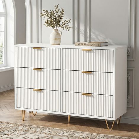 Cassettiera bianca 6 cassetti, cassettiera 100 cm, camera da letto, credenza bassa con ante ondulate e piedini in dorato, madia per ingresso e soggiorno, stile moderno(100x34x73cm, Bianco)