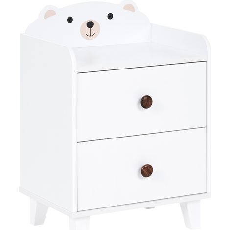 Mesita de noche 2 cajones habitación infantil motivo oso de MDF patas de madera de pino sala de juegos blanco Mimili (1/5)