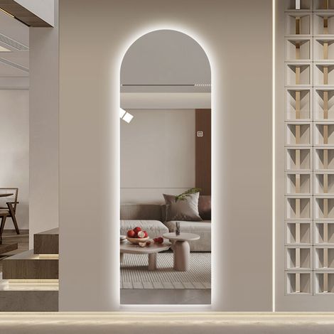 Miroir sur pied LED arqué 150 x 50 cm – Éclairage intégré, 3 couleurs (3000K‑6000K), intensité variable, commande tactile, fonction mémoire – Élégance connectée (1/5)