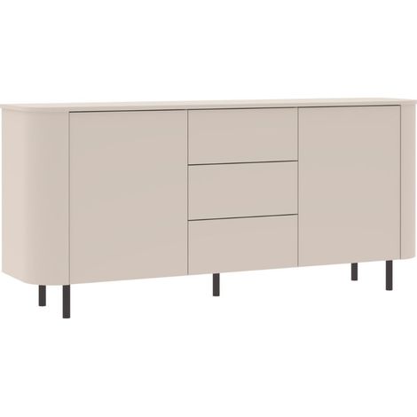 Buffet 2 portes 3 tiroirs finition laqué beige design coins arrondis pieds métal noir - LYNA