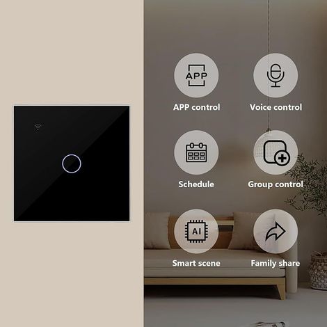 Interrupteur WIFI Noir 1 Gang 1 Voies Compatible avec Alexa, Interrupteur Tactile Connecté Contrôle de Tuya/Smart Life APP, Neutre/sans Neutre Disponible (1/5)