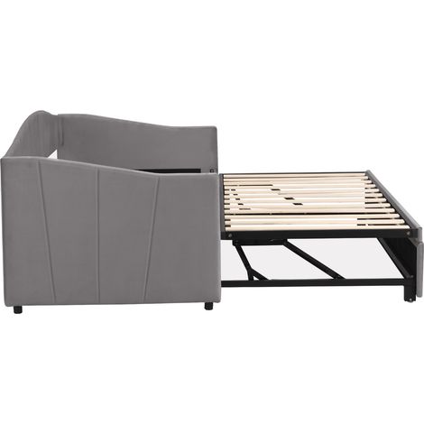 Ausziehbares Polster-Schlafsofa 90/180x200 cm aus grauem Samt mit Lattenrost MODENUIT (1/5)