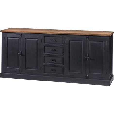 Hellin – Buffet bas en bois massif noir 4 portes 4 tiroirs – Plateau en teck naturel – Dimensions L 220 x P 53 x H 96 cm (1/5)