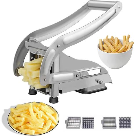 Tagliapatate francese migliorato 2024, tagliapatate in acciaio inossidabile con 2 lame per patatine fritte, verdure, carote, cetrioli, tagliapatate (1/5)