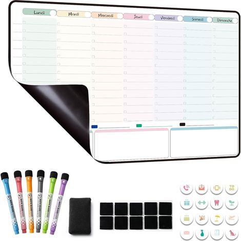 Planning Semaine, Calendrier magnetique Frigo, Emploi du Temps, Planificateur Hebdomadaire, Tableau Organisateur Familial idéal pour Planification des Menus/Repas effacable en Français (1/5)