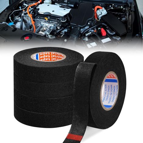 Paquete de 5 rollos de cinta adhesiva para mazos de cables, 25 mm x 10 m, cinta para revestimientos de cables de automoción, cinta autoadhesiva para cables de automoción (negra). (1/5)