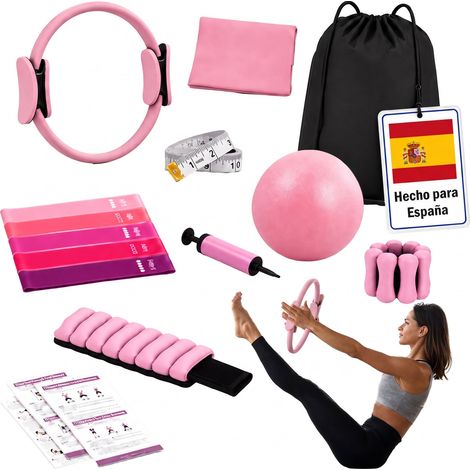 Relaxdays Set de Pilates 13 piezas: aro, balón, 6 bandas de resistencia, muñequeras con peso, accesoriosl hogar, rosa (1/5)