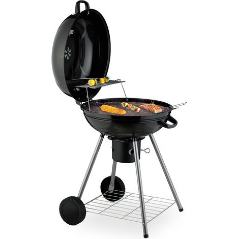 Relaxdays Kettle BBQ Grill, Ø 53 cm, 2 Cooking Grates, Thermometer, Ash Collector, Charcoal Barbecue on Wheels, Black