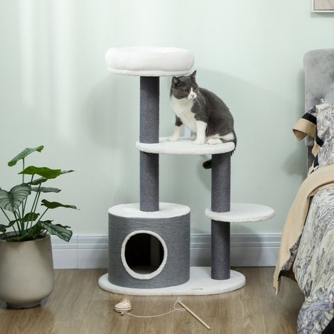 Arbre à chat blanc et gris avec 1 niche, 1 panier, 2 plateformes et poteau en sisal (1/5)