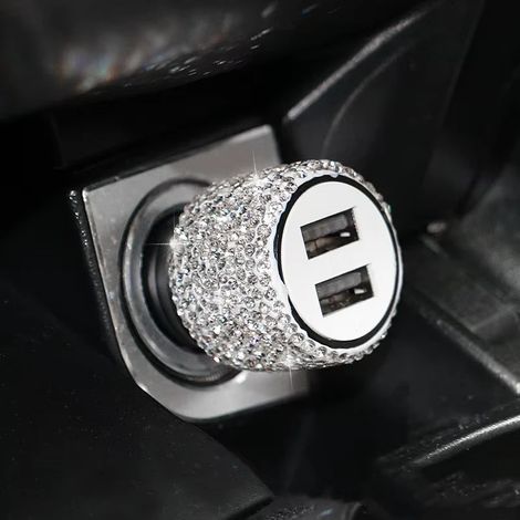 Chargeur de voiture USB Bling 5V 2.1A à double port, adaptateur rapide, rose, intérieur de voiture, accessoires de voiture effet diamant pour femme