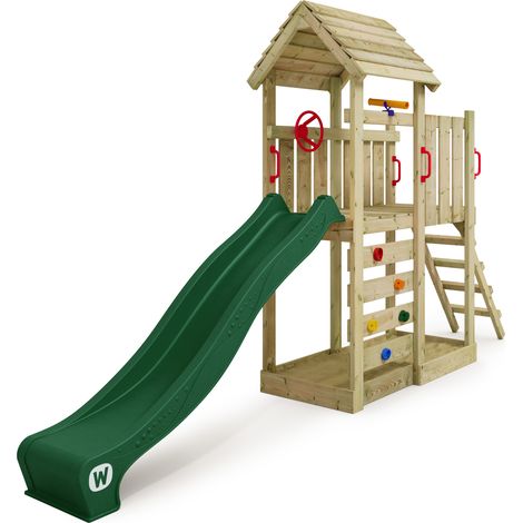 Wickey Parque infantil de madera JoyFlyer con tobogán azul Torre de escalada de exterior con arenero y escalera para niños - verde (1/5)