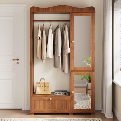 Mobile da ingresso con specchio e appendiabiti - 115,5x38,5x194,5 cm - Armadio con cassetto e 2 ante - Noce (1/5)