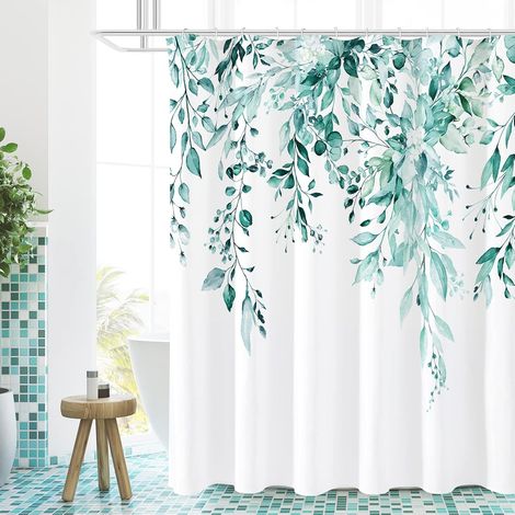 Teal Blue Eucalyptus Shower Curtain, Watercolor Plant Leaves and Flowers Bathroom Shower Curtain, 180×180cm (1/5)