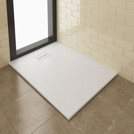 ELEGANT White Slate Effect Shower Tray Rectangular Grain Shower Base with Waste Trap 1200x900mm (1/4)