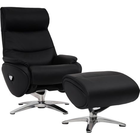 Poltrona relax reclinabile con poggiapiedi HHG-334 girevole pelle/ecopelle metallo, nero