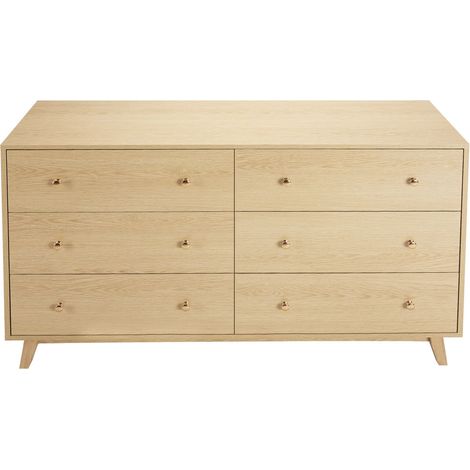 Meuble à tiroirs en bois, 6 tiroirs coulissants avec dispositif anti-bascule, design moderne et minimaliste, pour salon, chambre ou entrée, teinte bois clair. (1/5)
