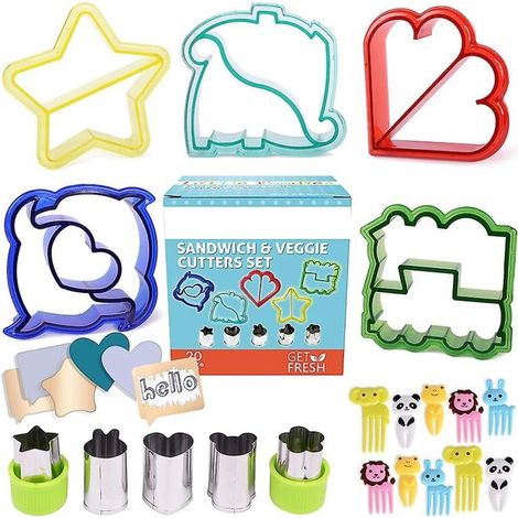 Ensemble de 20 emporte-pièces pour sandwichs comprenant 5 formes, 5 emporte-pièces pour légumes et 10 décorations pour bento en bonus.