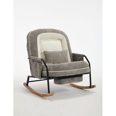 Oversized Rocking Chair Glider Patio Rocker Chairs with Foot Rest, Padded Cushion, Adjustable Backrest, Mental Wooden Farm,Indoor/Outdoor Living Room Bedroom Balcony, Faux Rex Rabbit Fur,Light Grey (1/5)