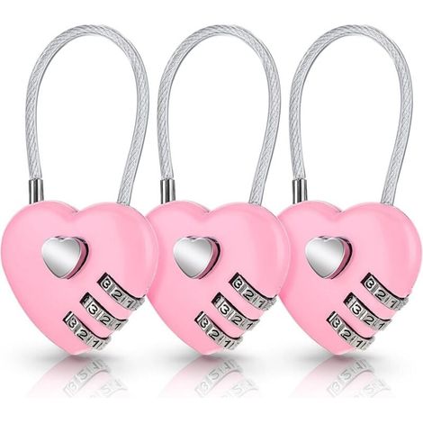 Set di 3 lucchetti a combinazione a forma di cuore rosa per valigie, graziosi lucchetti a combinazione a forma di cuore, piccoli lucchetti impermeabili per borse da viaggio e zaini (codice originale: (1/4)