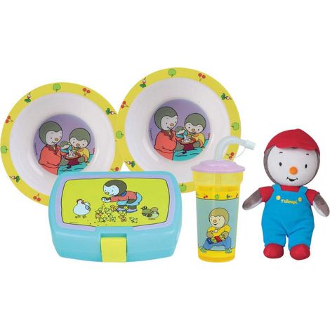Tableware set - FUN HOUSE - T'CHOUPI - 2 soup plates  16 cm. snack box. straw bottle and 18 cm plush toy (1/3)