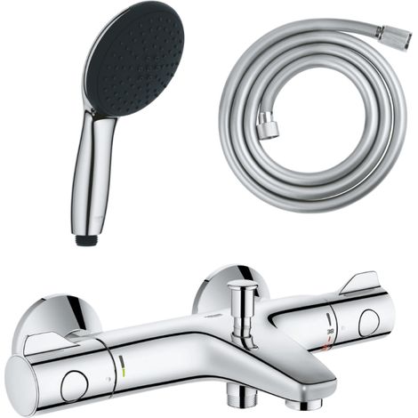 Pack mitigeur bain douche thermostatique GROHE Grohtherm 800 chromé + Douchette 2 jets Vitalio Start 110et flexible