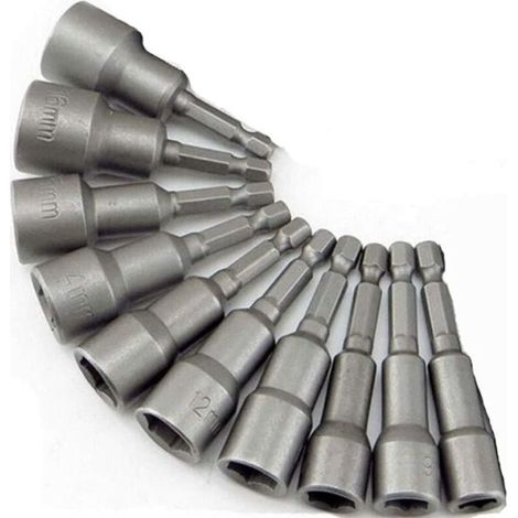 10 x Douille Magnétique pour Visseuse - Adaptateur Embout, Mandrin Pans Carré Hexagonal 6-19mm (1/5)