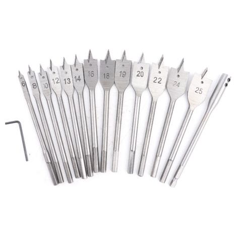 Jeu de 15 forets plats à queue hexagonale en acier au carbone de 6 à 25 mm pour outils de perçage du bois (1/5)