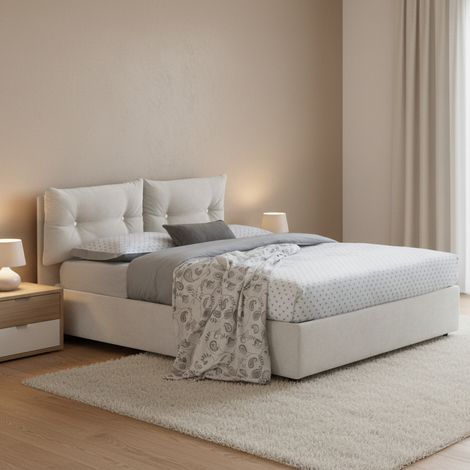 Dmora - Cama de plaza y media Dabbadi, Cama contenedor con revestimiento de tela, 100% Made in Italy, Apertura frontal, con colchón Cm 120x190 incluido, Blanco (1/5)