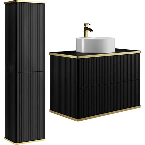 Meuble de salle de bain suspendu strié avec vasque à poser ronde et colonne - Noir - 80 cm - KELIZA (1/5)