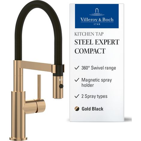 Villeroy & Boch Steel Expert Compact - Rubinetto da cucina ad alta pressione, rubinetto da cucina con funzione inverter e beccuccio girevole, rubinetto per lavello a risparmio d'acqua, altezza becco (1/5)