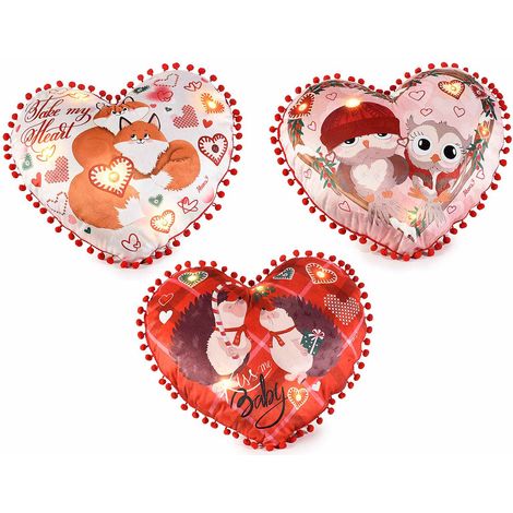 Cuscino a cuore con piccoli pompon, imbottito sfoderabile con luci led e animaletti innamorati, set da 3 pezzi, cm 40 x 35 H
