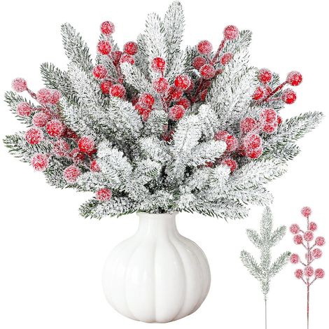 30 Pièces Branche Artificielle Decorative Noel avec Baies Rouges Branches de Pin Artificielles avec Neige pour Décoration de la Maison Fabrication de Guirlandes et Artisanat de Bricolage de Fête Vase (1/5)