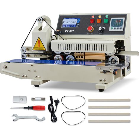 VEVOR Máquina de Sellado Continuo Horizontal Ancho de Sellado 6-12 mm, Selladora de Banda con Impresión de Tinta, Temperatura y Velocidad Ajustables, Envasadora para Bolsas de Plástico 0,03-0,8 mm