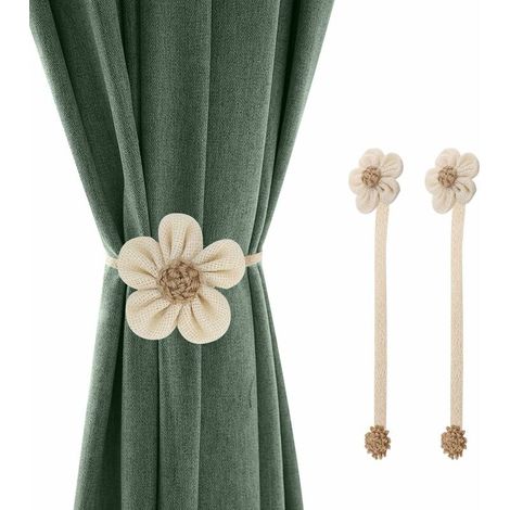 Magnetische Vorhang-Raffhalter mit Schnallen, [2er-Pack] Sonnenblumen-Dekoratives Leinengewebe Breite magnetische Vorhang-Raffhalter mit Kordelzug Wohndekor-Zubehör - Weiß + Beige FLITI (1/4)